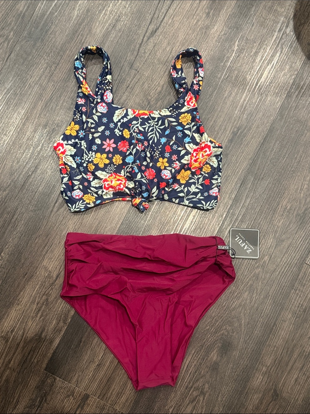 Zaful Floral Navy Crop Bikini Top with Burgundy High Waisted Bottoms